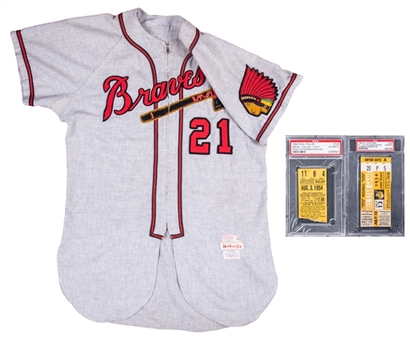 1954 Warren Spahn Game Used & Photo Matched Milwaukee Braves #21 Road Jersey Matched To 8/8/54 - Complete Game & 12th Win Of The Season! & 2 Ticket Stubs (MEARS A10, Elite Sports, & Sports Investors)